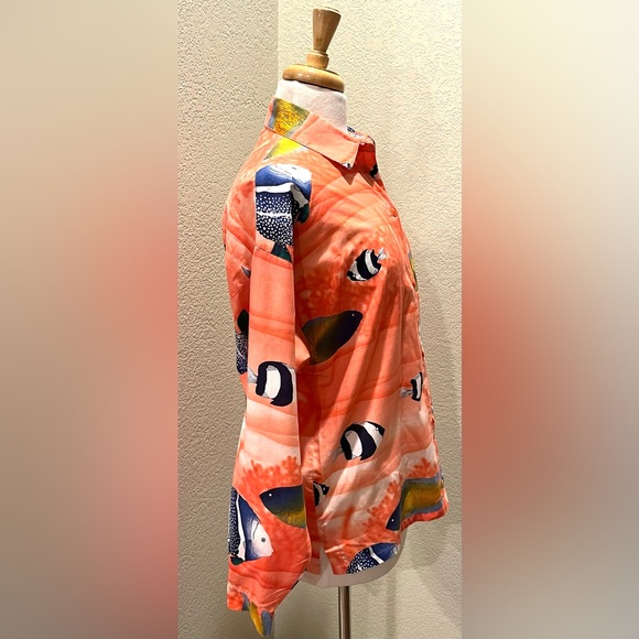 VTG Gottex Hawaiian Tropical Fish Long Sleeve Shirt Blouse Coral S - Picture 2 of 6